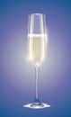 Transparent champagne glass with sparkling white wine. Faded violet retro vintage background. New Year or other event greeting