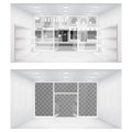 Transparent city street open doors store interior 3d shop empty shelves space background vector illustration Royalty Free Stock Photo