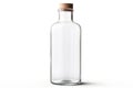 Transparent clean empty Glass bottle with wooden cork isolated on white background. Mockup, template for design. Copy Royalty Free Stock Photo