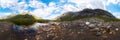 Transparent clear water of a mountain lake under a blue sky in the clouds. sand beach. cylindrical panorama 360