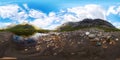 Transparent clear water of a mountain lake under a blue sky in the clouds. sand beach.Spherical panorama 360vr