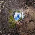 Transparent clear water of a mountain lake under a blue sky in the clouds. sand beach. Tiny little planet 360