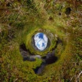 Transparent clear water of a mountain lake under a blue sky in the clouds. sand beach. Tiny little planet 360