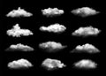 Transparent clouds. Realistic vapor rainclouds isolated on black background, night mist clouding symbols