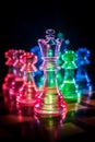 Transparent colorful chess pieces on the board close-up, dark neon lights background. Defocused bokeh, blurry backdrop. Crystal Royalty Free Stock Photo