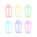 Transparent colorful plastic empty disposable cup for soda or cocktail. Party disposable tableware set. Vector illustration Royalty Free Stock Photo