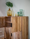 Transparent colorful vases for flowers and big bottle with monstera leaf on wooden cupboard with opened doors