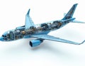 Transparent commercial jet airplane illustration shows detailed internal components. Aircraft design complex engine, tech Royalty Free Stock Photo