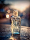 Hand sanitizer in a clear bottle with bubbles and a blurred sunset background Royalty Free Stock Photo