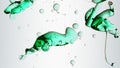 Transparent cosmetic green blue oil bubbles and shapes on white background Royalty Free Stock Photo