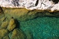 Transparent, crystal clear green water in Sapadere Canyon and wa