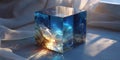 Transparent crystal cube with glowing minerals inside placed on a soft fabric surface in sunlight Royalty Free Stock Photo