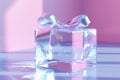 Transparent Crystal Gift Box With Reflective Surfaces And Iridescent Satin Ribbon, AI Generated