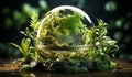 Transparent crystal planet Earth with generic vegetation around. Ecology and environment concept. AI generated