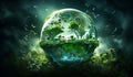 Transparent crystal planet Earth with generic vegetation around. Ecology and environment concept. AI generated