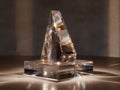 Transparent crystal sculpture with internal fractures, illuminated from below on a table or display platform, showcasing intricate Royalty Free Stock Photo