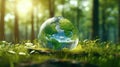 Transparent crystal sphere in a green forest filled with sunlight. Earth continents, water and sky reflected in glass Royalty Free Stock Photo