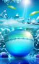 Transparent crystal sphere on a tropical background, waves Royalty Free Stock Photo