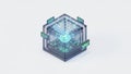 Transparent cube with glowing blue core and digital data displays around it abstract artificial intelligence Royalty Free Stock Photo