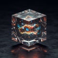 A transparent cube encapsulates dynamic digital graphics with floating neon data Royalty Free Stock Photo