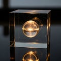 A transparent cube encasing a glowing, suspended sphere sits o Royalty Free Stock Photo