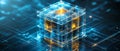 Transparent cube floating on a glowing grid, representing quantum computing, futuristic encryption, and advanced digital archit