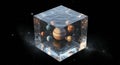 A transparent cube floats in space, containing a miniature solar system. The planets, Royalty Free Stock Photo