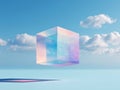 A transparent cube with a pastel gradient floats in a blue sky with clouds Royalty Free Stock Photo