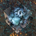 Transparent cube and technical connection, 3d rendering Royalty Free Stock Photo