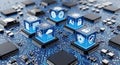 Transparent cubes with digital icons on a blue circuit board technology data Royalty Free Stock Photo
