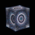 Transparent cubic object displaying intricate, colorful digital patterns. Each face Royalty Free Stock Photo