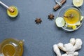 Transparent cup of green natural tea with ginger, lemon, spices Royalty Free Stock Photo