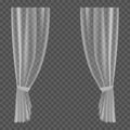 Transparent curtains. Lightweight clear drapery textile, hanging wave satin curtain, fabric forms for window decoration Royalty Free Stock Photo