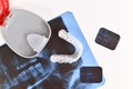 Transparent customized teeth bite guard clear aligners for lower jaw with storing case with dental X-ray Royalty Free Stock Photo