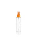 Transparent cylindrical PET bottle container with orange spray pump. Packaging of antiseptic. Template of a bottle for cosmetics