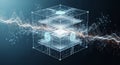 Transparent 3D cube displaying layered data streams and digital waveforms with glowing circuit Royalty Free Stock Photo