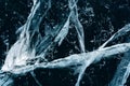 Transparent dark blue ice of frozen Baikal lake with white cracks pattern. Royalty Free Stock Photo