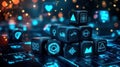 A stack of futuristic digital dice with icons representing various stages in the competitive process of technological progress