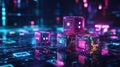 A stack of futuristic digital dice with icons representing various stages in the competitive process of technological progress