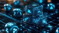 A stack of futuristic digital dice with icons representing various stages in the competitive process of technological progress