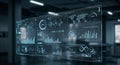 Transparent digital interface displaying various data visualizations, including bar and Royalty Free Stock Photo
