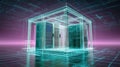 Transparent digital rendering of server room within a geometric cube framework Royalty Free Stock Photo