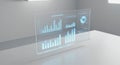 A transparent digital screen displaying data visualizations, including bar charts, line Royalty Free Stock Photo