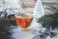 Transparent Double Bottom Glass Cup With Hot Drink On Table With Christmas Decor. Warming Drink In Cold Winter