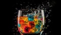 Transparent drink glass with yellow cocktail and ice on black background generated by AI Royalty Free Stock Photo