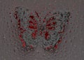 Transparent drops of water are located against the graphite background with crimson silhouette of butterfly.