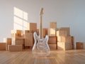 Transparent electric guitar on stacked cardboard boxes against a light background, soft diffused lighting - AI-Generated Royalty Free Stock Photo