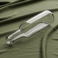 A transparent empty glass bottle is lying on a smooth olive green fabric Royalty Free Stock Photo