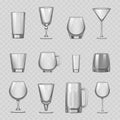 Transparent empty glasses and stemware drinks tumbler mug cups reservoir vessel realistic vector illustration Royalty Free Stock Photo