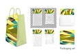 Transparent empty plastic and paper packaging. Colorful sachet with hang slot